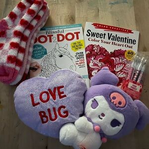 Valentine’s Day gift set, including pencils, stuffie, socks, and coloring books!
